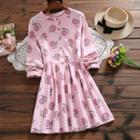 Long-sleeve Print Gather Waist Dress