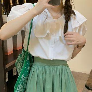 Puff-sleeve Collared Blouse / Midi A-line Skirt