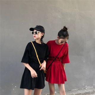 Plain Elbow-sleeve T-shirt / A-line Skirt / Set: Plain Elbow-sleeve T-shirt + A-line Skirt