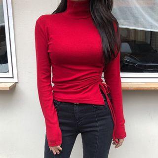 Long-sleeve Mock Neck T-shirt Red - One Size
