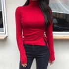 Long-sleeve Mock Neck T-shirt Red - One Size
