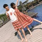 Couple Matching Striped Midi Sundress / Crew-neck Short-sleeve T-shirt / Striped Shorts