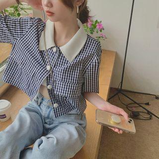 Short-sleeve Gingham Cropped Blouse Black & White - One Size
