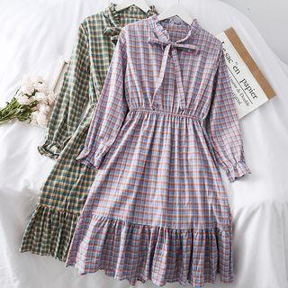Ribbon-neckline Ruffled-trim Checker A-line Dress
