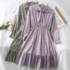 Ribbon-neckline Ruffled-trim Checker A-line Dress