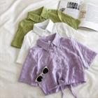 Plain Single-breasted Lace-up Short-sleeve Blouse