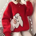 Pig Print Polo Neck Pullover Red - One Size