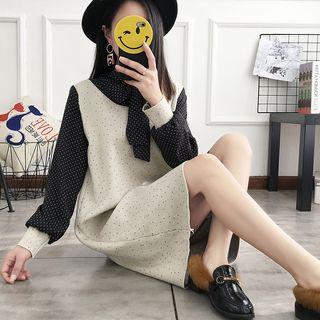 Long-sleeve Dotted Mock Two-piece Knit Dress