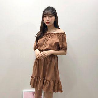Off-shoulder Gathered-waist Dress Brown - One Size