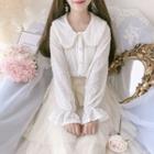 Long-sleeve Faux Pearl Trim Wide Collar Shirt