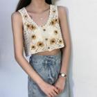 Pointelle Embroidered Cropped Knit Tank Top Almond - One Size