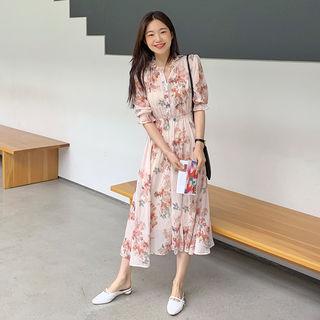 Floral Chiffon Long Shirtwaist Dress Pink - One Size