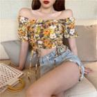 Short-sleeve Off-shoulder Floral Print Crop Top Yellow - One Size