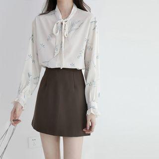 Long-sleeve Floral Print Tie-neck Blouse As Shown In Figure - One Size