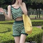 Set: Wave Print Cropped Camisole Top + Shorts Green - One Size
