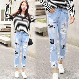 Lettering Patch Ripped Straight Cut Jeans