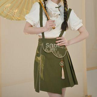 Short-sleeve Embroidered Crop Top / Tasseled Suspender Mini Skirt
