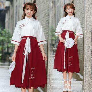 Set: Cat Embroidered Elbow-sleeve Top + Midi Skirt