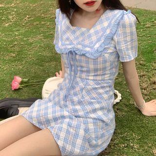 Short-sleeve Plaid Sailor-collar Mini Dress