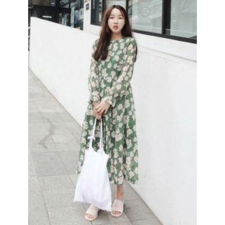 Long-sleeve Floral Print A-line Midi Dress