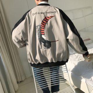 Color Block Cat Print Zip Jacket