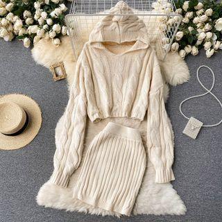 Set Of 2 : Hooded Long-sleeve Cropped Sweater + High-waist Striped Skirt