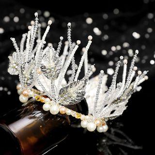 Wedding Set: Faus Pearl Leaf Tiara + Ear Clip White - One Size