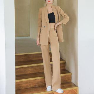 Set: Plain Double-breasted Blazer + Bootcut Pants