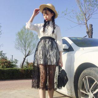 Set: Plain 3/4 Sleeve Long Shirt + Lace Midi Skirt