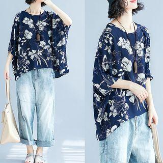 Flower Print Elbow-sleeve T-shirt