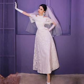 Elbow-sleeve Cutout Midi Prom Dress