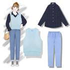 Knit Vest / Plaid Shirt / Elastic Waist Cropped Jeans