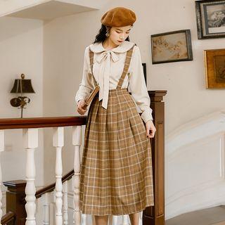 Set: Bow Accent Blouse + Plaid Suspender Skirt
