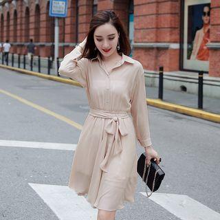Long-sleeve Tie-waist Chiffon Dress