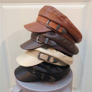 Faux Leather Buckled Newsboy Cap