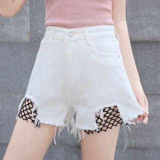 Distressed Mesh Trim Denim Hot Pants