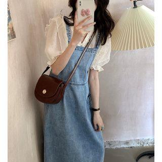 Puff-sleeve Lace Blouse / Denim Midi Overall Dress