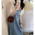 Puff-sleeve Lace Blouse / Denim Midi Overall Dress