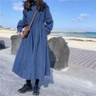 Long-sleeve Corduroy Loose-fit Dress Blue - One Size