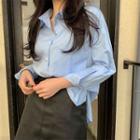 Long-sleeved Blouse / Faux Leather Tie-waist Mini Wrap Skirt