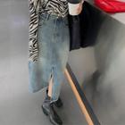 Washed Denim Midi Pencil Skirt
