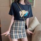 Set: Short-sleeve Print T-shirt + Plaid Mini Pencil Skirt