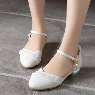 Block Heel Lace Trim Ankle Strap Dorsay Pumps