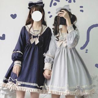 Long-sleeve Sailor Collar Lolita Dress / Bow Headband / Set