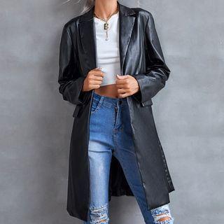 Faux Leather Button-up Long Coat