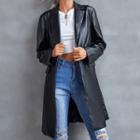 Faux Leather Button-up Long Coat