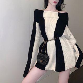 Off-shoulder Striped Sweater Black & White - One Size