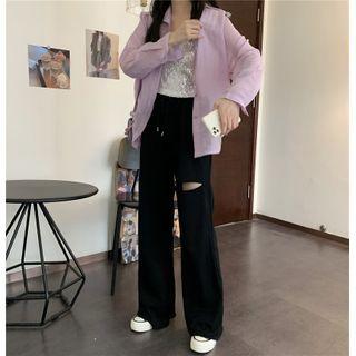 Plain Shirt / Ripped Wide Leg Pants