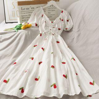 Boatneck Embroidered Drawstring Midi Dress