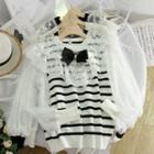 Lace Bow Striped Long-sleeve Top